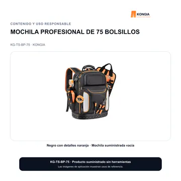 Contenido y uso responsable — Mochila Profesional para Herramientas de 75 Bolsillos — KG-TS-BP-75