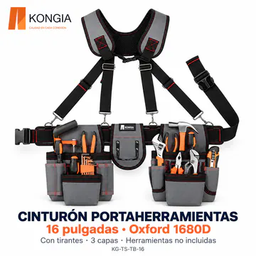 KONGIA KG-TS-TB-16 — Cinturón portaherramientas con tirantes, 16 pulgadas, Oxford 1680D de 3 capas; herramientas no incluidas