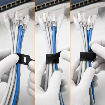 Secuencia de instalación en tres pasos — Cinta Sujetacables Reutilizable de Gancho y Bucle, 12 × 150 mm, 20 Piezas — KG-VS-12150