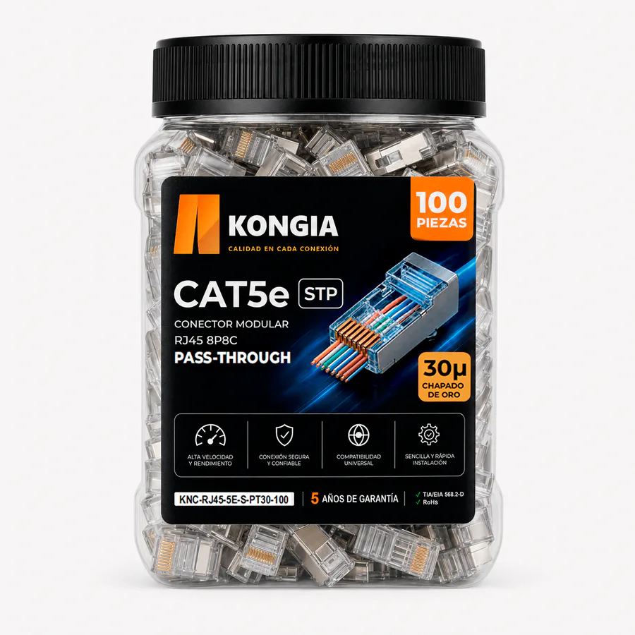 Bote con 100 piezas de conector modular RJ45 CAT5e STP Pass Through, Chapado de oro a 30 micras