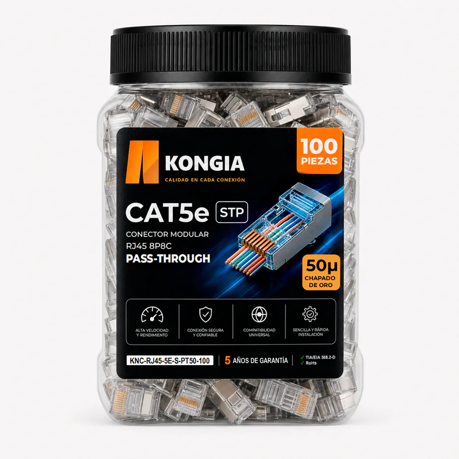Bote con 100 piezas de conector modular RJ45 CAT5e STP Pass Through, Chapado de oro a 50 micras