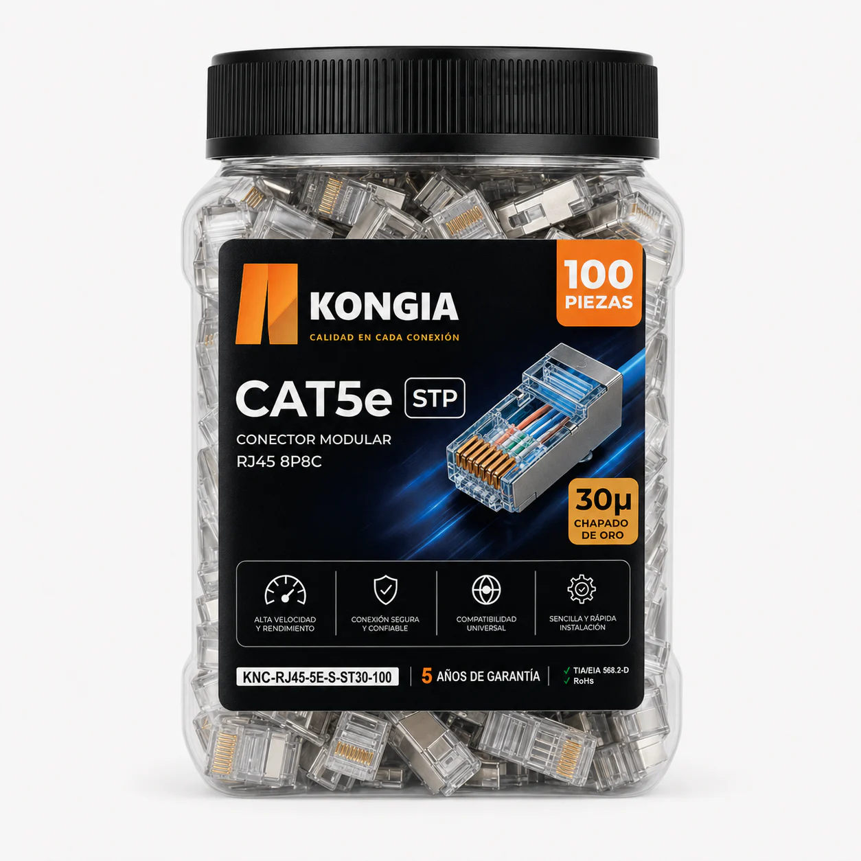 Bote con 100 piezas de conector modular RJ45 CAT5e STP, Chapado de oro a 30 micras