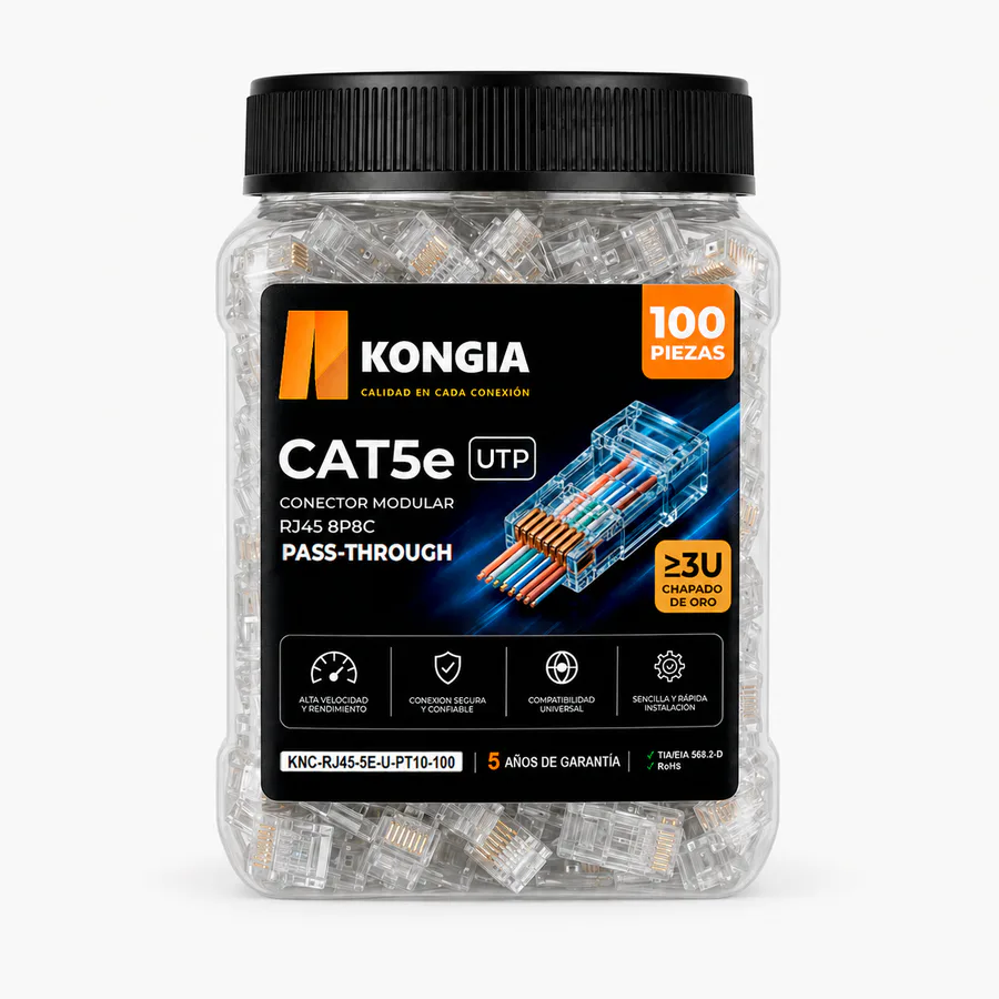 Bote con 100 conectores RJ45 CAT5e UTP Pass Through, chapado de oro (cumple ≥3U)