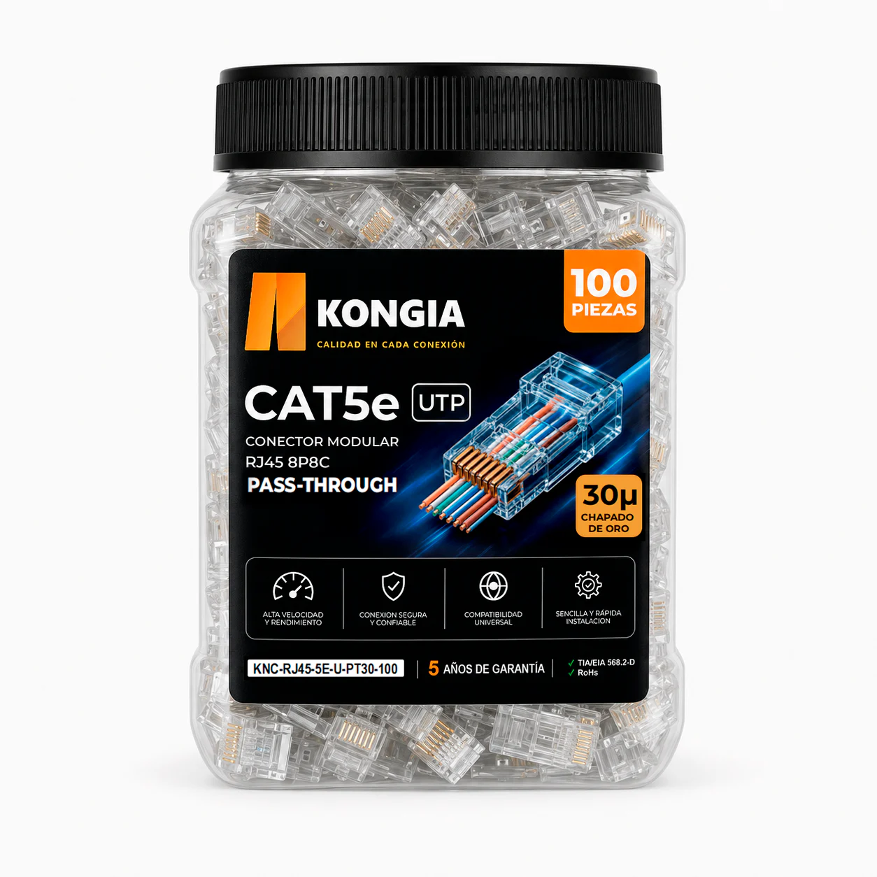 Bote con 100 piezas de conector modular RJ45 CAT5e UTP Pass Through, Chapado de oro a 30 micras