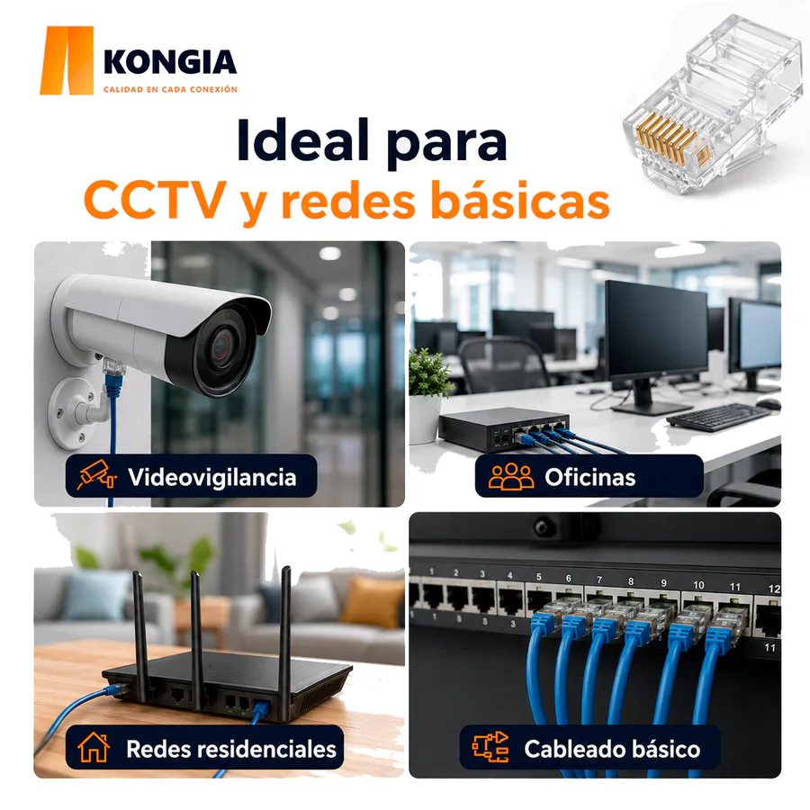 Escenarios de uso - Bote con 100 piezas de conector modular RJ45 CAT5e UTP, Chapado de oro a 30 micras