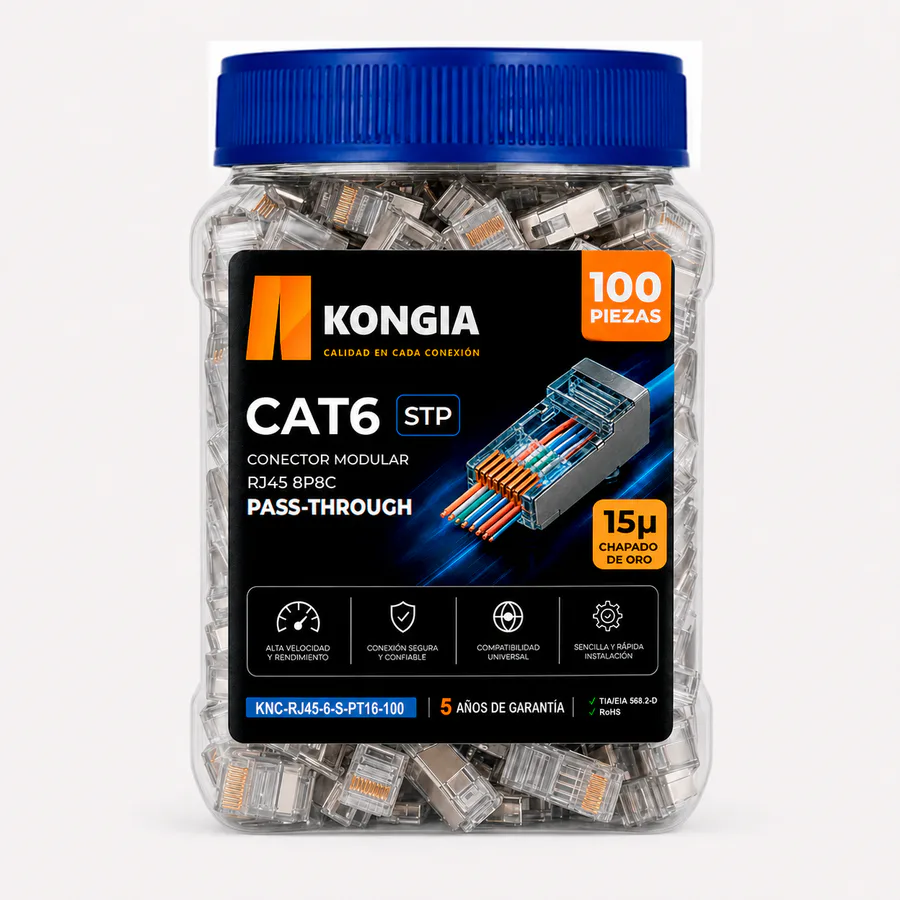Bote con 100 piezas de conector modular RJ45 CAT6 STP Pass Through, Chapado de oro a 15 micras