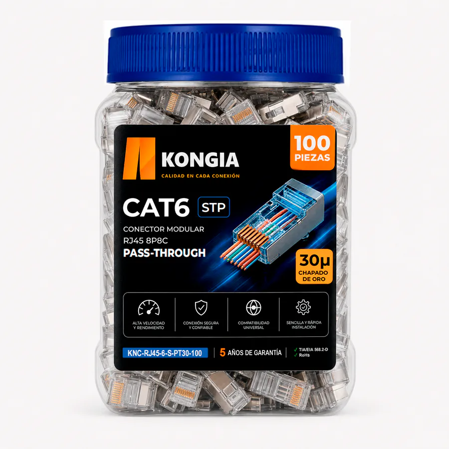 Bote con 100 piezas de conector modular RJ45 CAT6 STP Pass Through, Chapado de oro a 30 micras