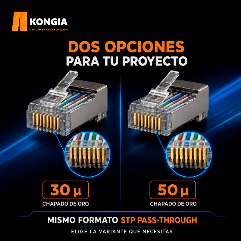 Escenarios de uso - Bote con 100 piezas de conector modular RJ45 CAT6 STP Pass Through, Chapado de oro a 30 micras