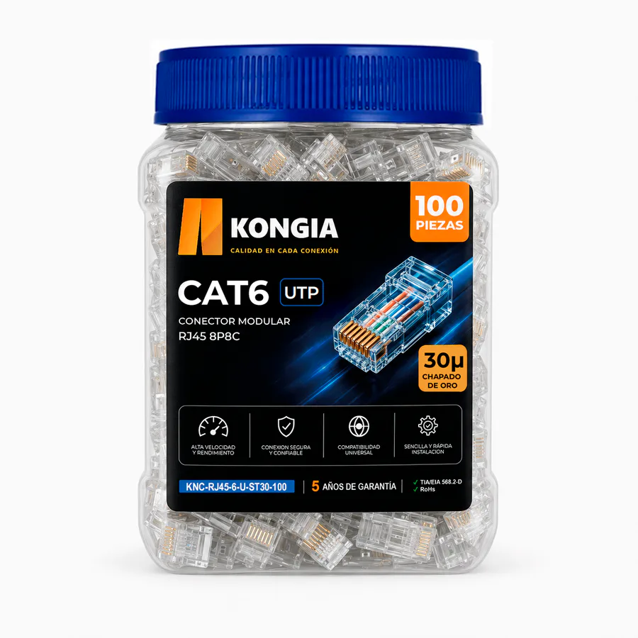 Bote con 100 piezas de conector modular RJ45 CAT6 UTP, Chapado de oro a 30 micras