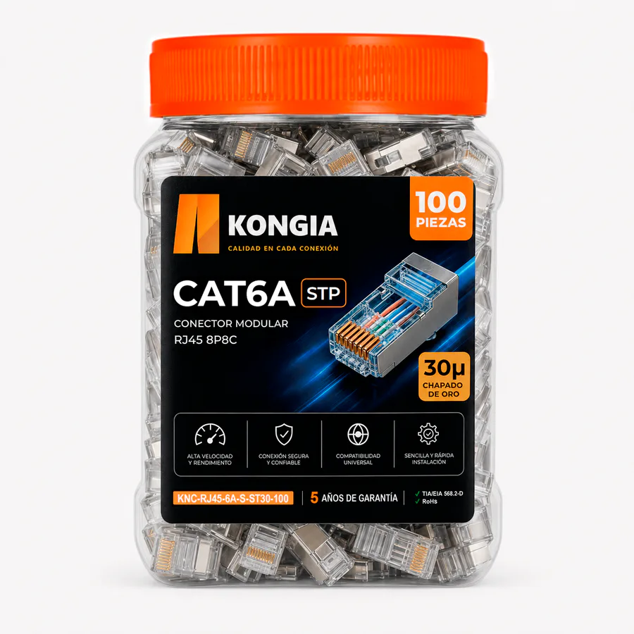 Bote con 100 piezas de conector modular RJ45 CAT6A STP, Chapado de oro a 30 micras