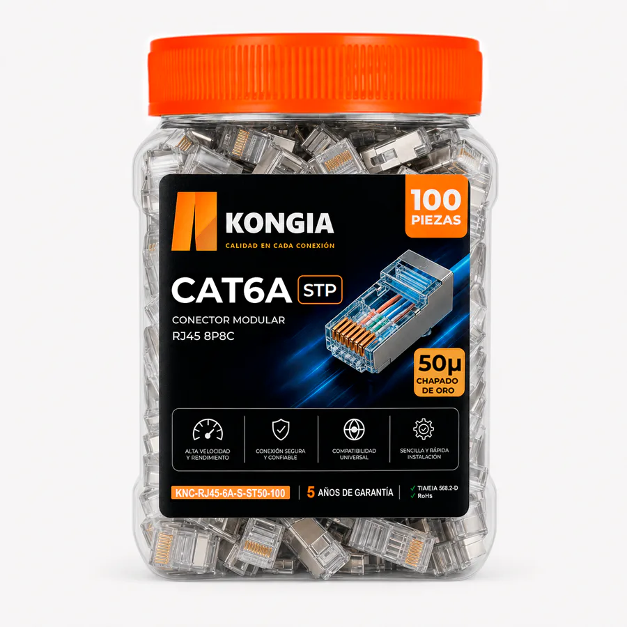 Bote con 100 piezas de conector modular RJ45 CAT6A STP, Chapado de oro a 50 micras