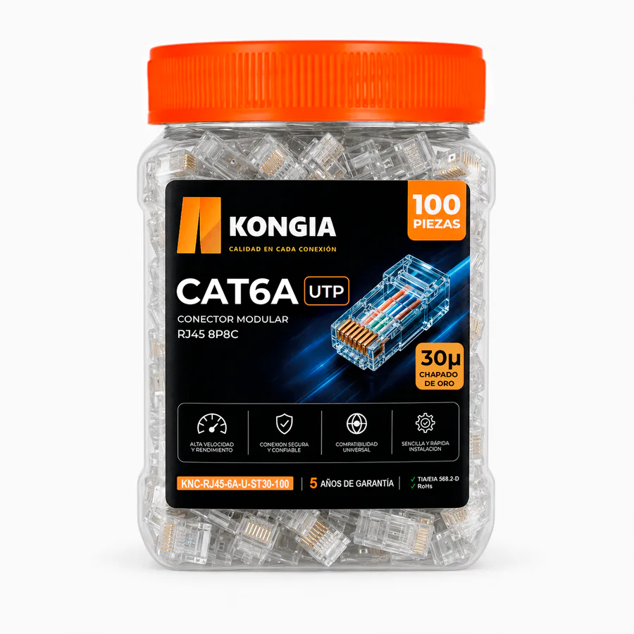 Bote con 100 piezas de conector modular RJ45 CAT6A UTP, Chapado de oro a 30 micras