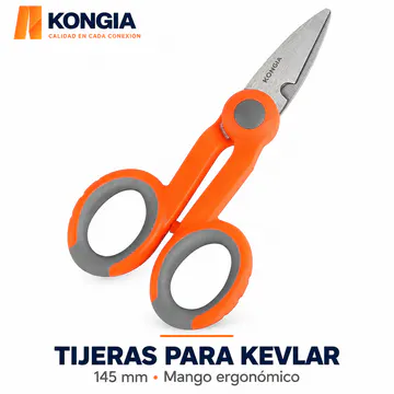 Tijeras para Kevlar y Aramida de 145 mm, Serie KS ERGO, Mango Bicolor y Hoja Dentada