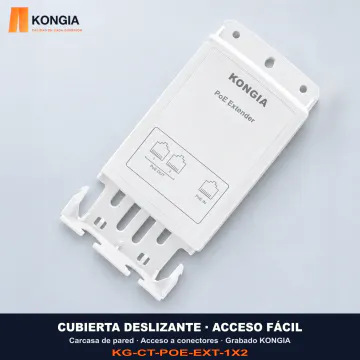 Extensor PoE KONGIA 1 a 2: CUBIERTA DESLIZANTE · ACCESO FÁCIL. Carcasa de pared · Acceso a conectores · Grabado KONGIA
