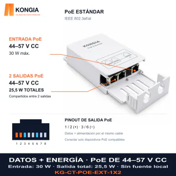 DATOS + ENERGÍA · PoE DE 44–57 V CC. Entrada: 30 W · Salida total: 25,5 W · Sin fuente local. KG-CT-POE-EXT-1X2