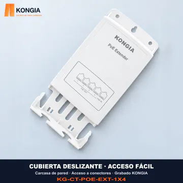 Extensor PoE KONGIA 1 a 4: CUBIERTA DESLIZANTE · ACCESO FÁCIL. Carcasa de pared · Acceso a conectores · Grabado KONGIA