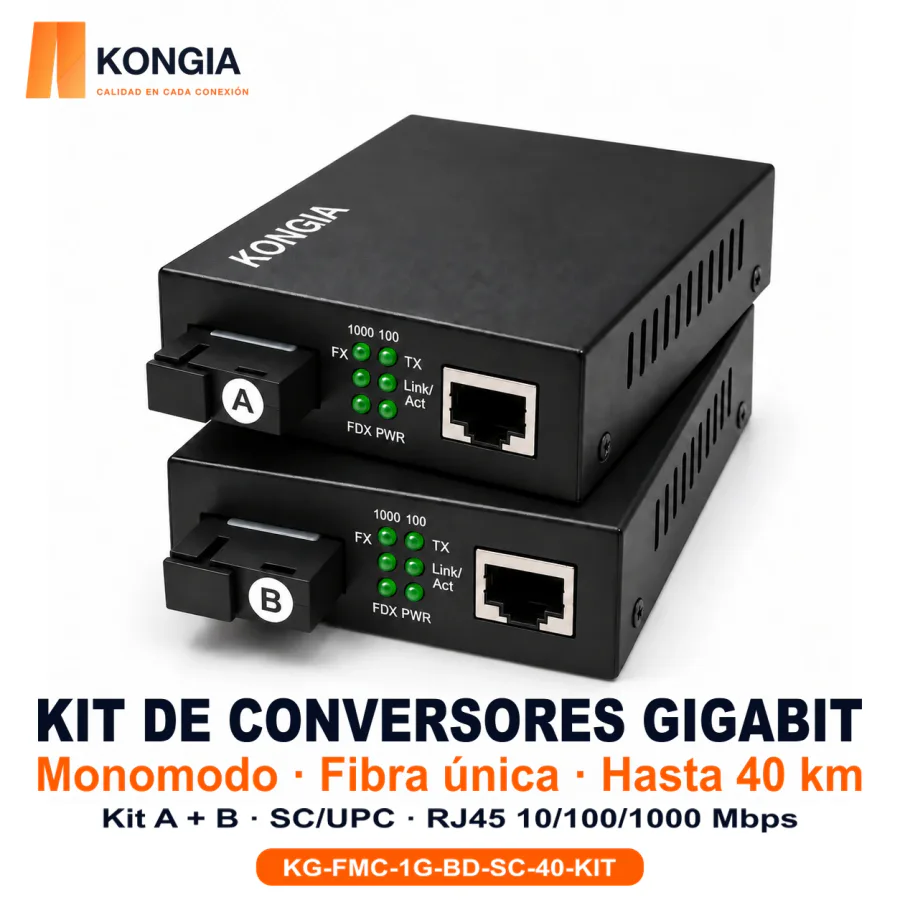 Kit de conversores de medios Gigabit BiDi, SC/UPC, 40 km