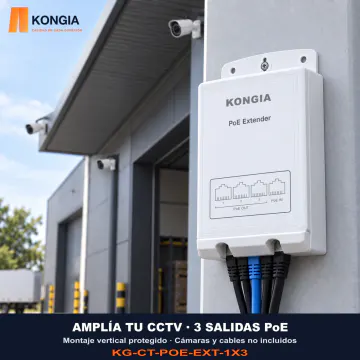 Extensor PoE KONGIA 1 a 3: AMPLÍA TU CCTV · 3 SALIDAS PoE. Montaje vertical protegido · Cámaras y cables no incluidos