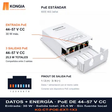 DATOS + ENERGÍA · PoE DE 44–57 V CC. Entrada: 30 W · Salida total: 25,5 W · Sin fuente local. KG-CT-POE-EXT-1X3
