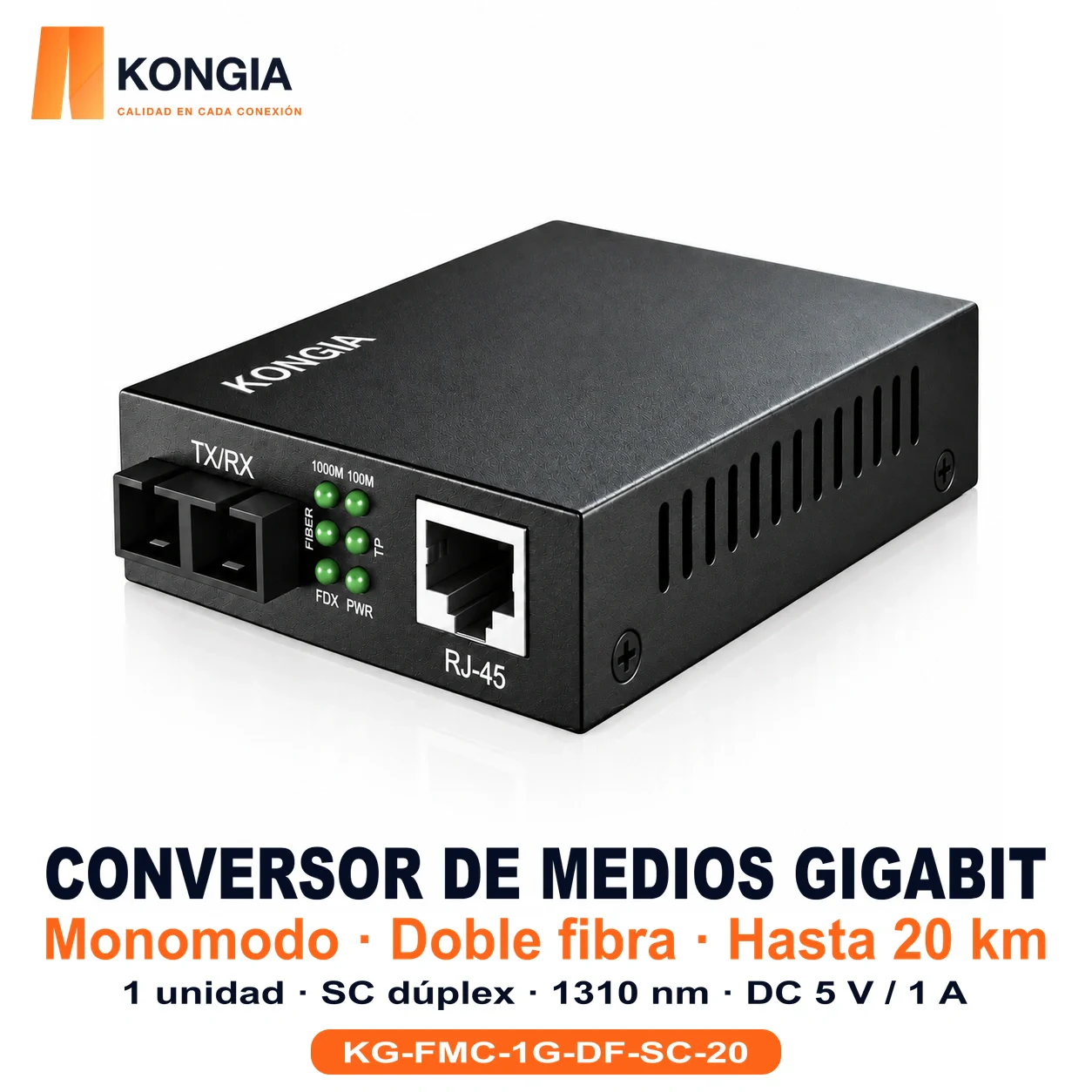 Conversor Gigabit monomodo de doble fibra SC, 20 km — 1 unidad