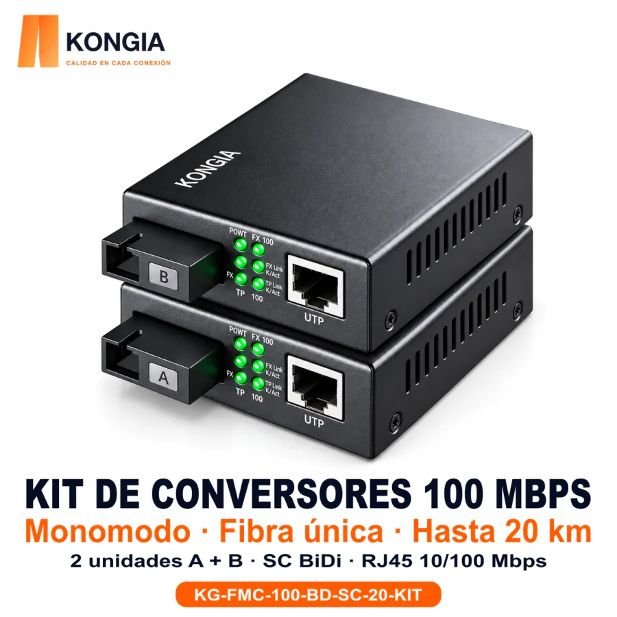 Kit de conversores de medios BiDi 100 Mbps, SC, 20 km