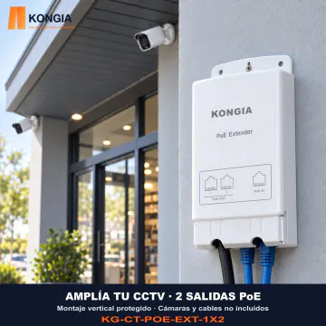 Extensor PoE KONGIA 1 a 2: AMPLÍA TU CCTV · 2 SALIDAS PoE. Montaje vertical protegido · Cámaras y cables no incluidos