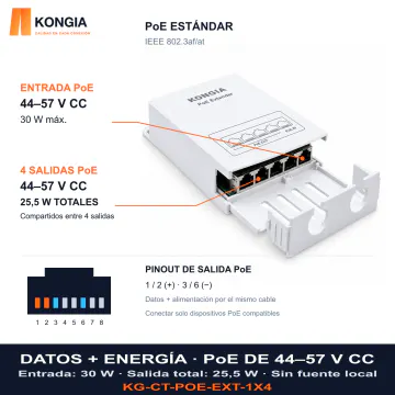 DATOS + ENERGÍA · PoE DE 44–57 V CC. Entrada: 30 W · Salida total: 25,5 W · Sin fuente local. KG-CT-POE-EXT-1X4