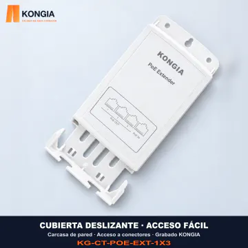 Extensor PoE KONGIA 1 a 3: CUBIERTA DESLIZANTE · ACCESO FÁCIL. Carcasa de pared · Acceso a conectores · Grabado KONGIA