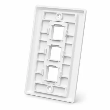 Placa de Pared Keystone con identificación individual, 3 Puertos, Blanco — vista posterior con 3 marcos y clips de retención Keystone