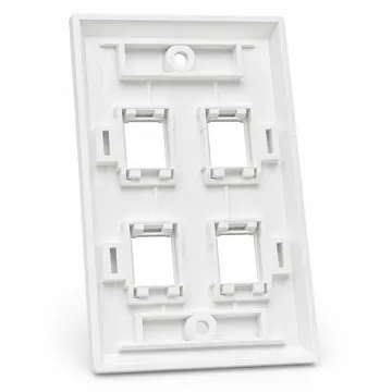 Placa de Pared Keystone con identificación individual, 4 Puertos, Blanco — vista posterior con 4 marcos y clips de retención Keystone