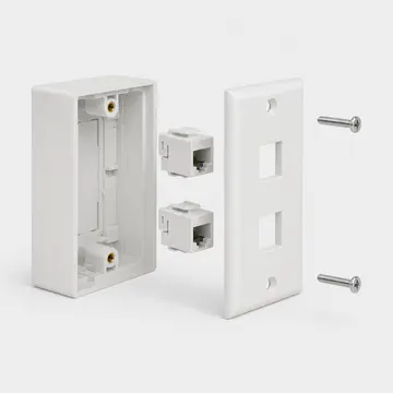 Vista explotada de caja KONGIA, módulos Keystone, placa US 1-gang y tornillos