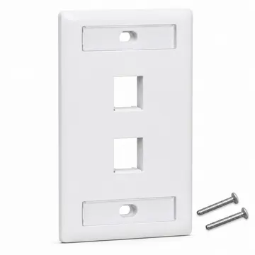 Placa de Pared Keystone profesional con doble etiquetero, 2 Puertos, Blanco — vista principal con dos tornillos de montaje incluidos
