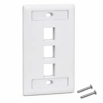 Placa de Pared Keystone profesional con doble etiquetero, 3 Puertos, Blanco — vista principal con dos tornillos de montaje incluidos
