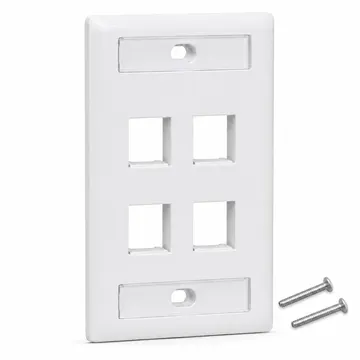 Placa de Pared Keystone profesional con doble etiquetero, 4 Puertos, Blanco — vista principal con dos tornillos de montaje incluidos