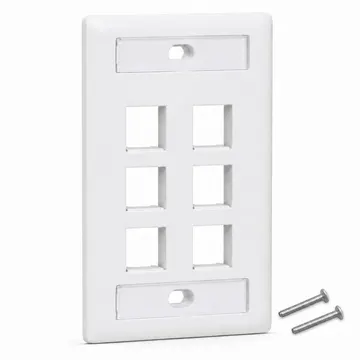 Placa de Pared Keystone profesional con doble etiquetero, 6 Puertos, Blanco — vista principal con dos tornillos de montaje incluidos