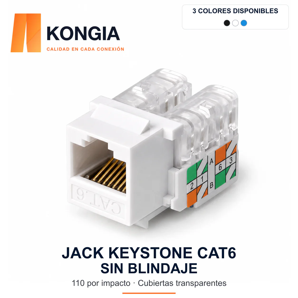 Jack Keystone Cat6 UTP, Terminación 110 por Impacto a 90°, con Cubiertas Transparentes