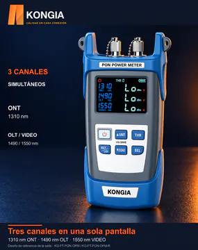 KONGIA · Serie PON OPM · Tres canales en una sola pantalla