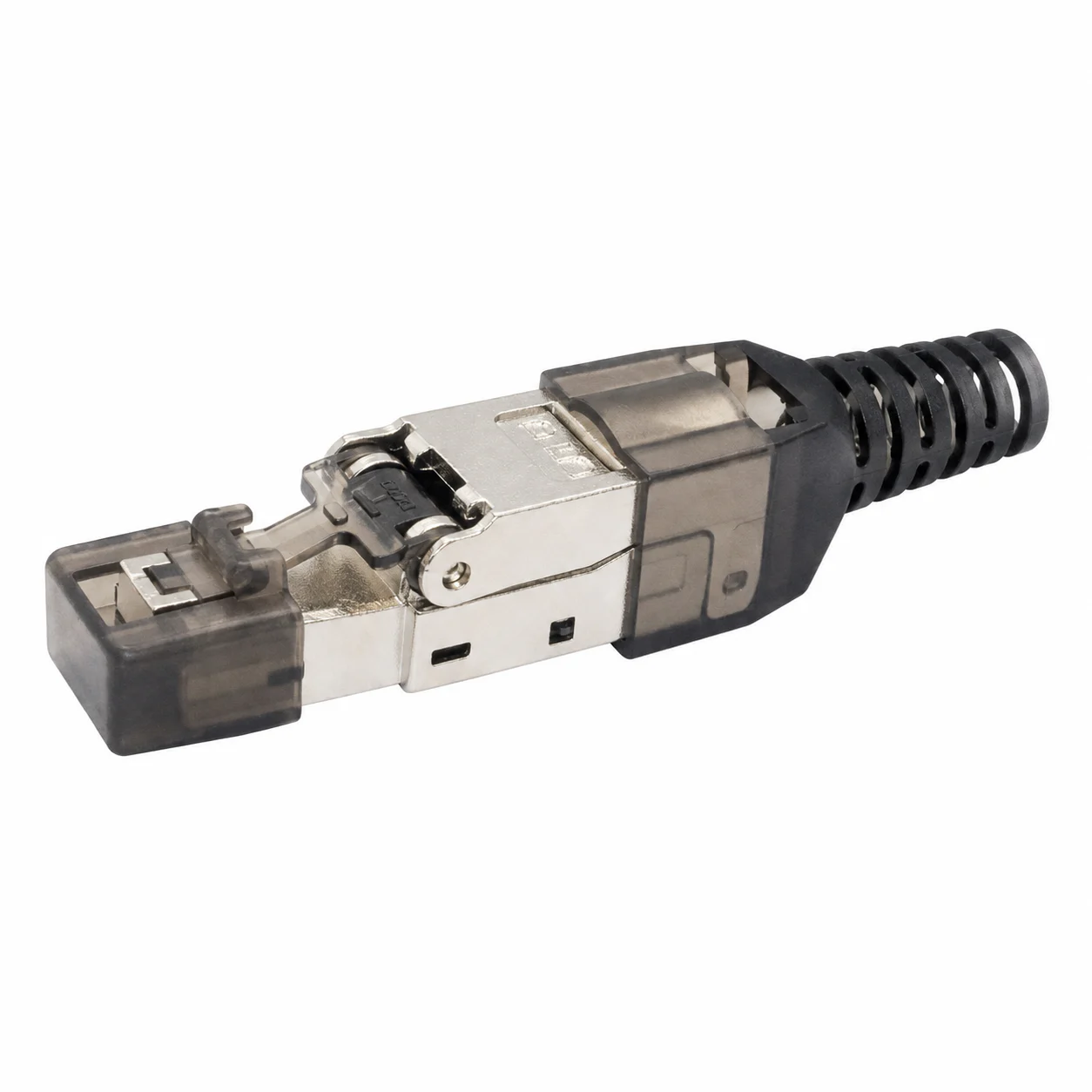 Plug RJ45 Cat6A, blindado, con protector posterior flexible — Contactos de horquilla con chapado en oro reforzado y niquelado integral