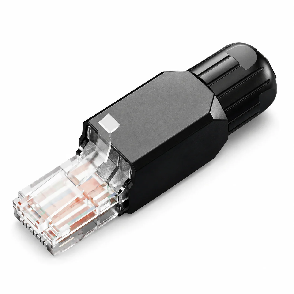 Plug RJ45 Cat6, sin blindaje, con cierre posterior de plástico — Contactos de horquilla con chapado en oro reforzado y niquelado integral