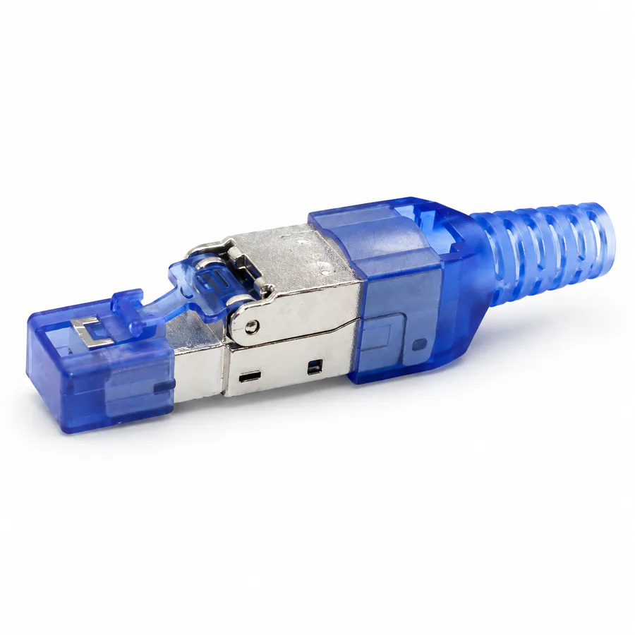 Escenarios de uso - Plug RJ45 Cat7, blindado, con protector posterior flexible azul — Contactos de horquilla con chapado en oro reforzado y niquelado integral
